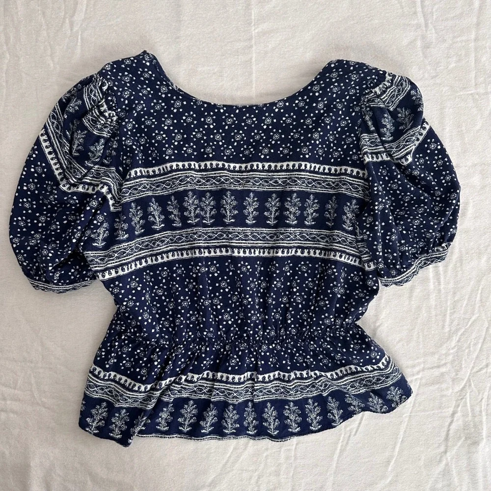 Zara XL Navy Bandana Floral Print Puff Sleeve Linen Blend Peplum Top Prairie